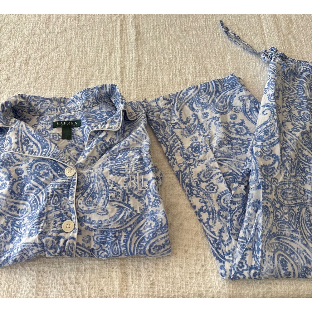 Lauren Ralph Lauren Blue White Paisley Cotton Pajama Set Womens Medium M 2 Piece